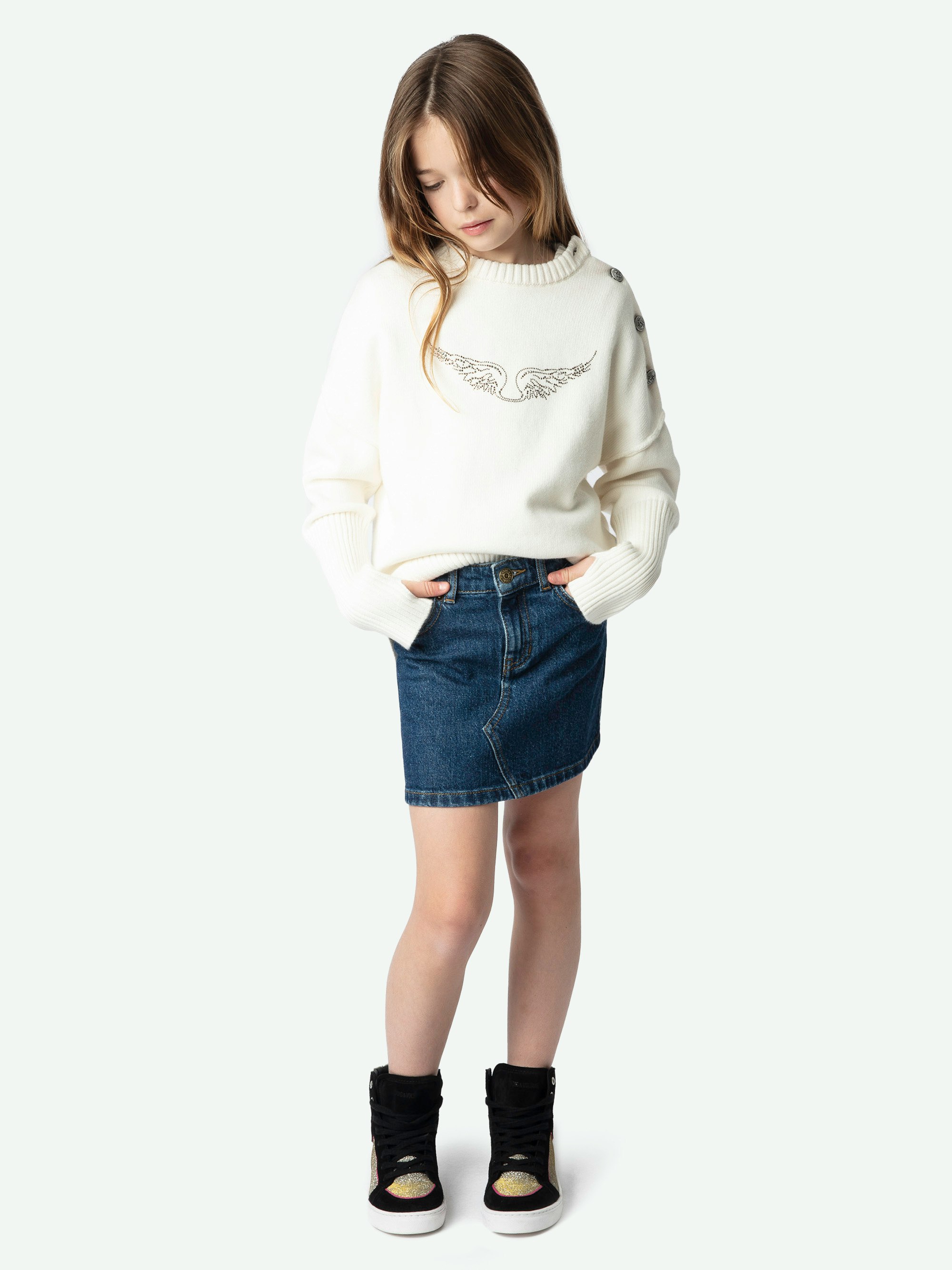Malta Girl's Jumper - Ecru cashmere and cotton jumper with star buttons on the shoulder and embroidered wings, intarsia and rhinestones on the front.