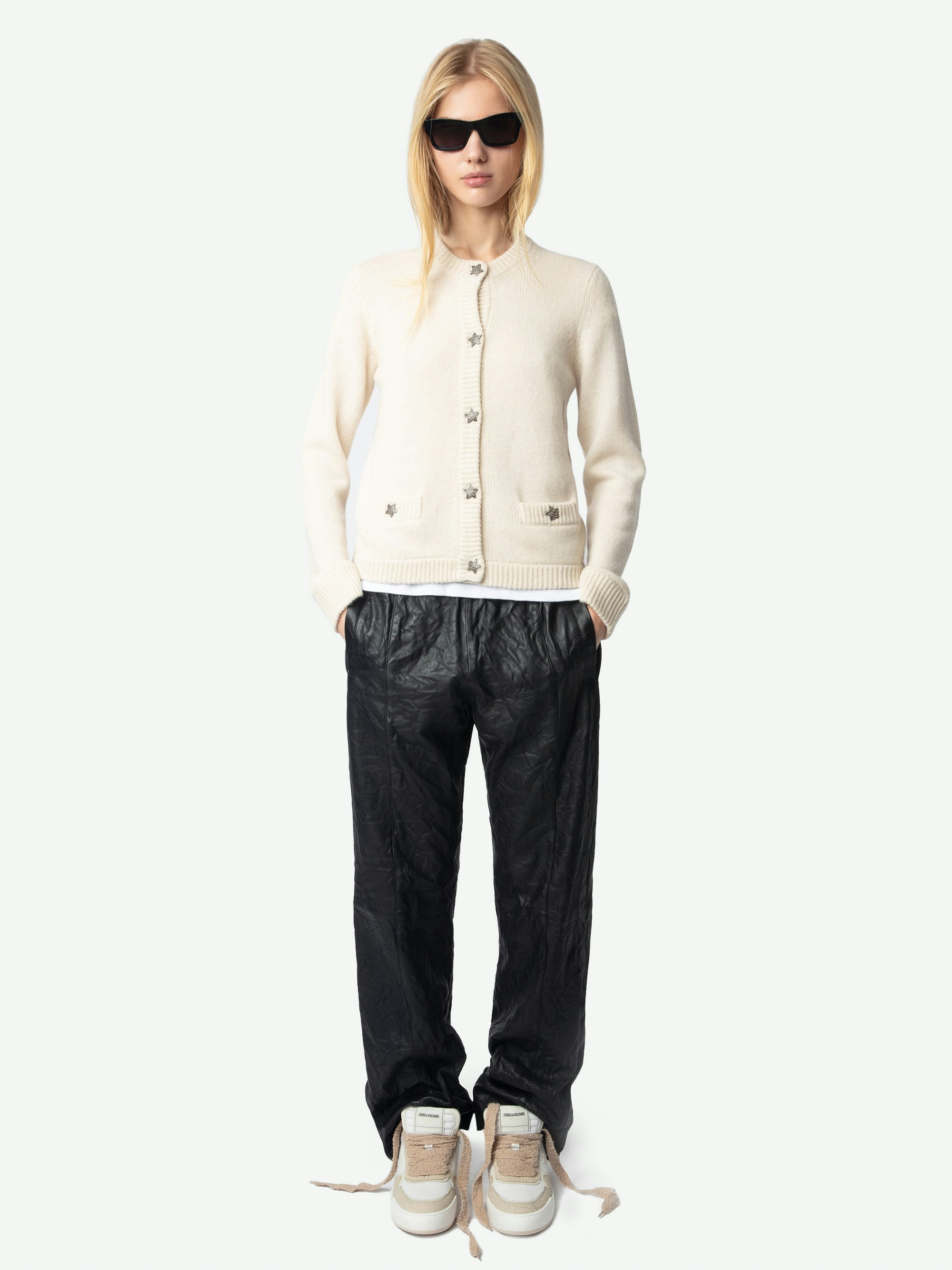 Marcya Cardigan 100% Cashmere - 100% ecru cashmere cardigan with pockets and star-shaped embellished jewel buttons.