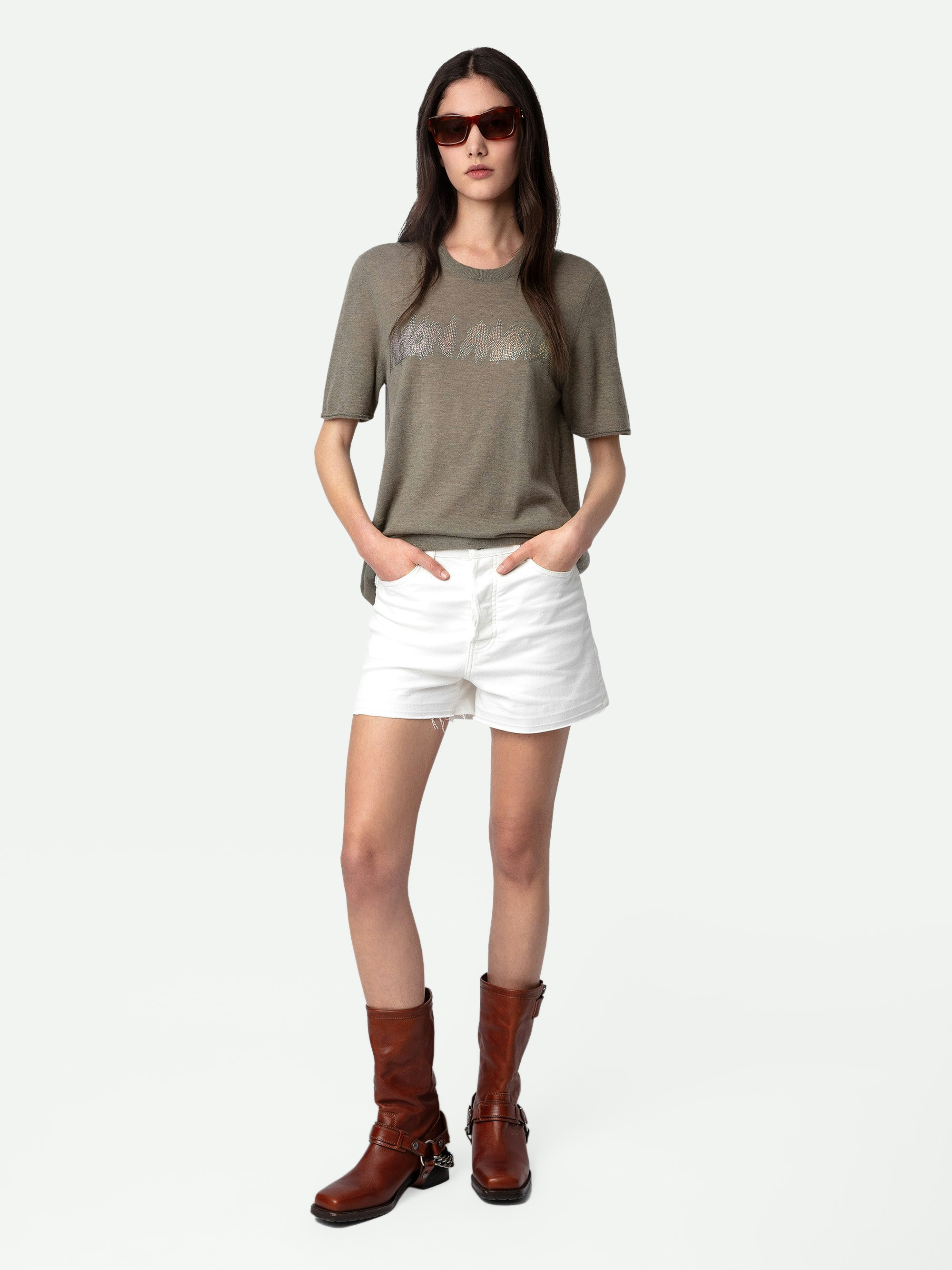 Jumper Ida 100% Cashmere - Light khaki feather 100% cashmere jumper with short sleeves and diamanté “Mon Amour” slogan.