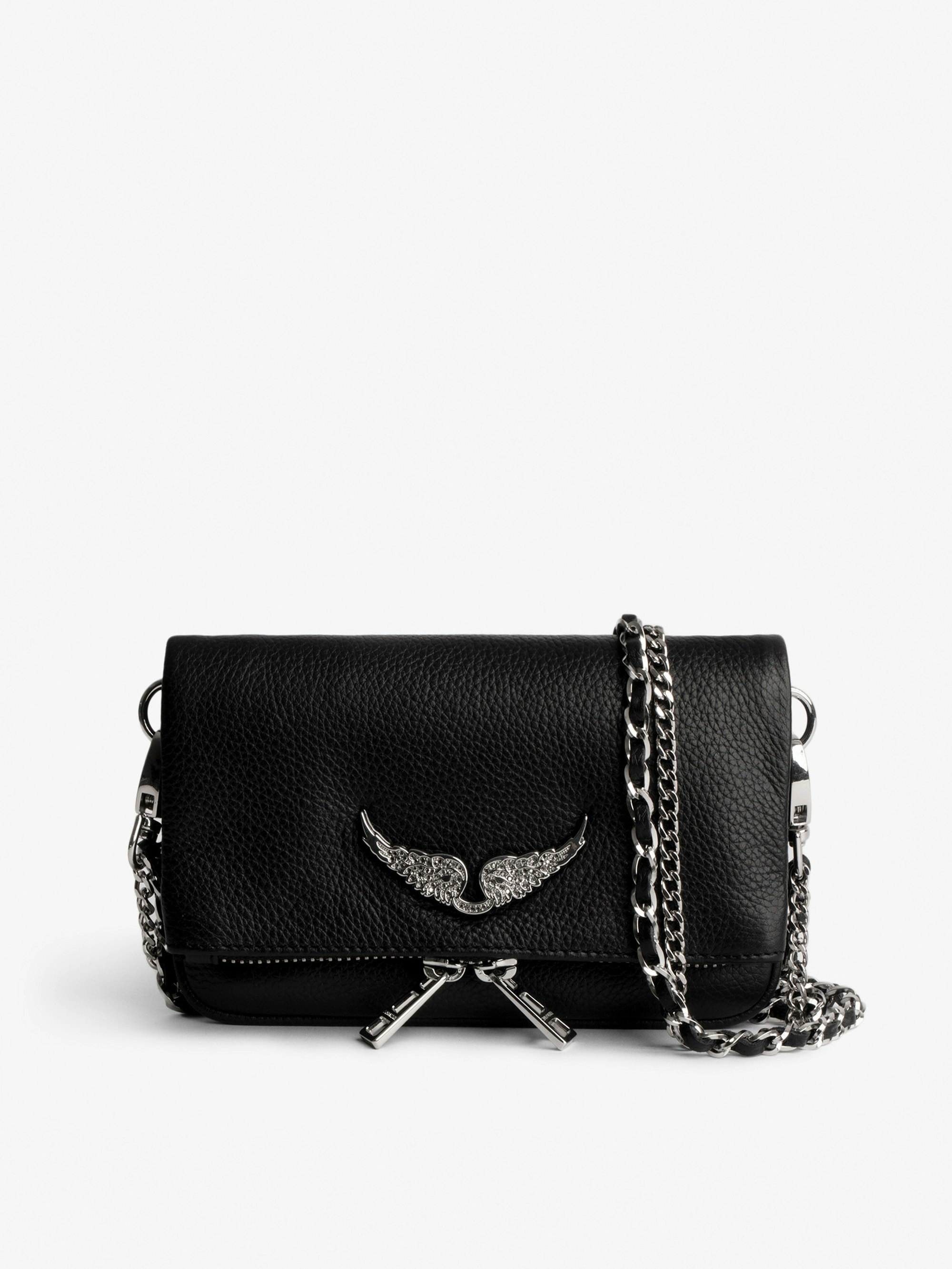 Rock Nano Clutch Swing Your Wings - Black grained leather Swing Your Wings Rock Nano clutch with leather shoulder strap and chain.