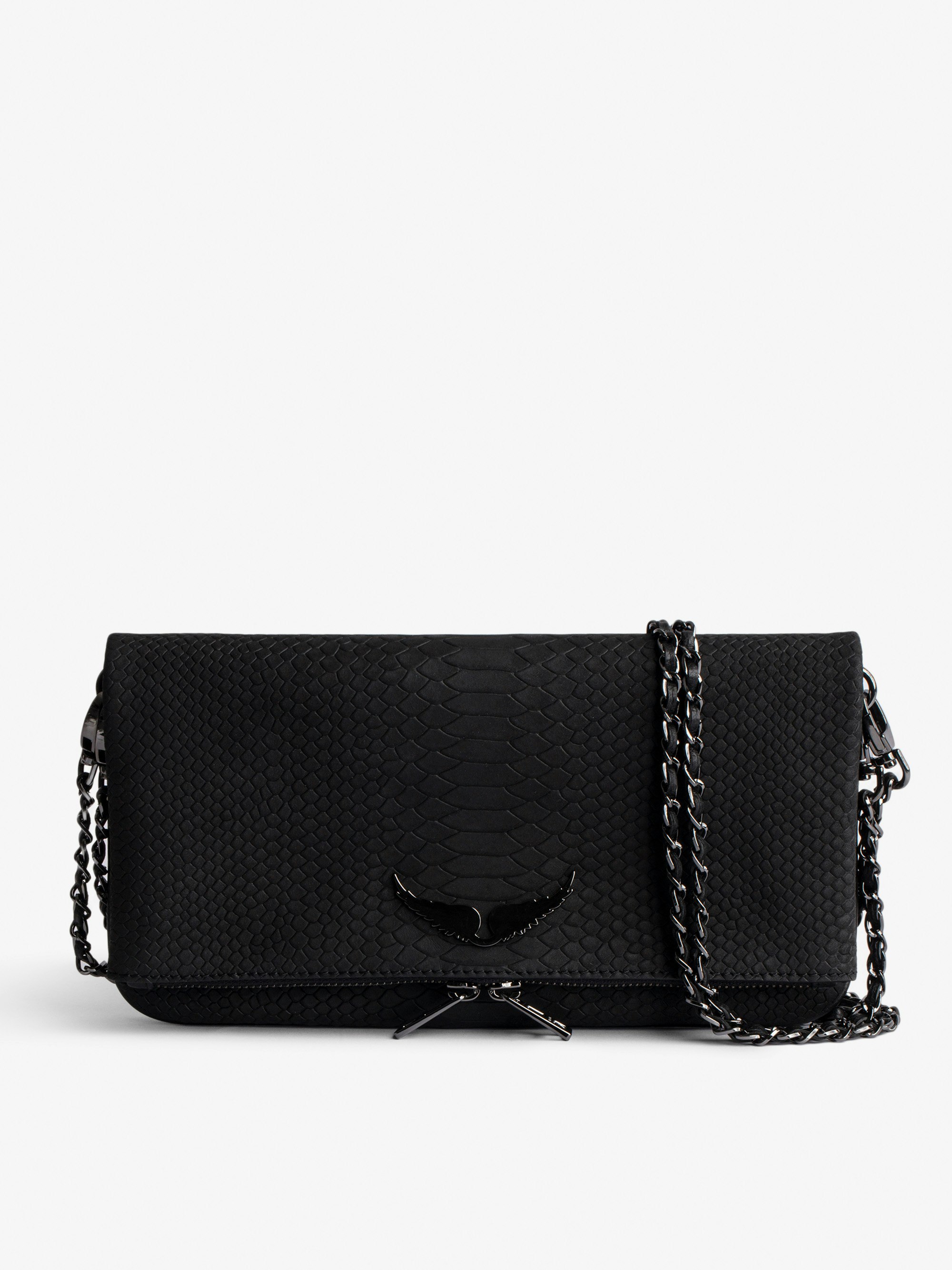 Rock Soft Savage Clutch - Leather clutch with python effect and double chain interwoven with leather and metal.