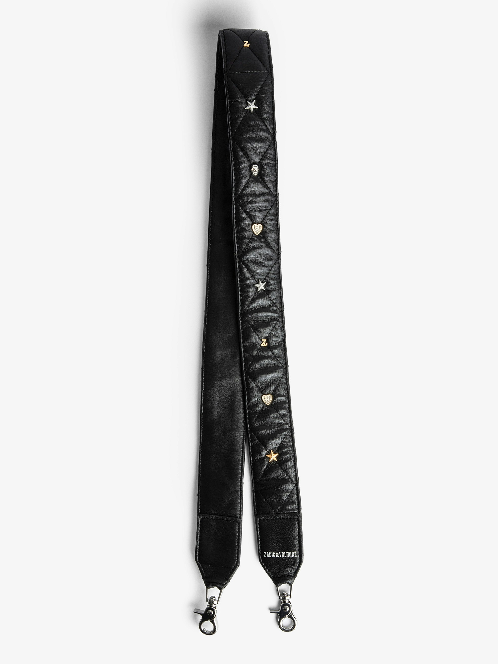 Wild Shoulder Strap - Women’s black quilted leather shoulder strap with silver and gold-tone charms.