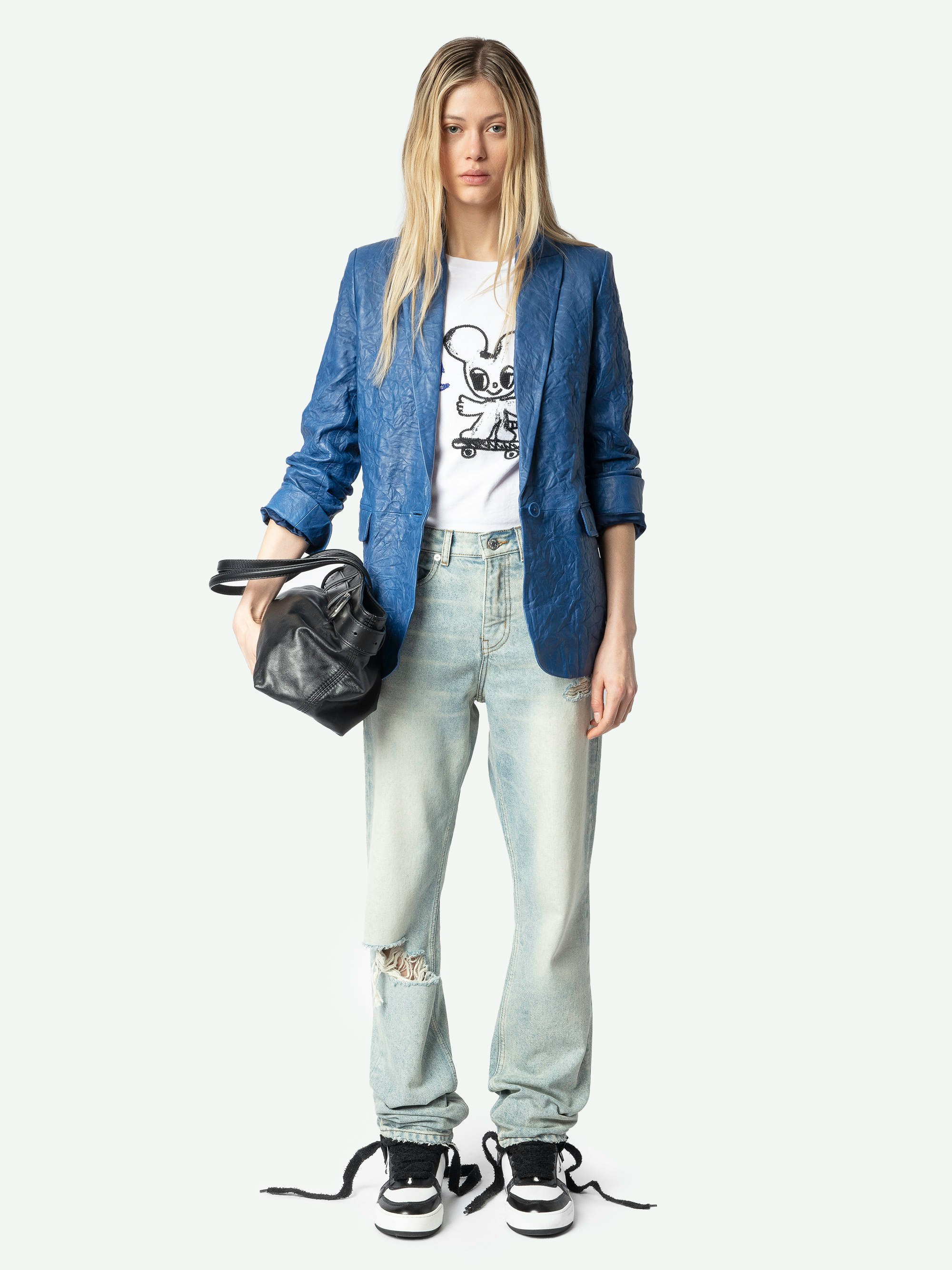 Valse Crinkled Leather Blazer - Blue crinkled leather blazer with button fastening and pockets.