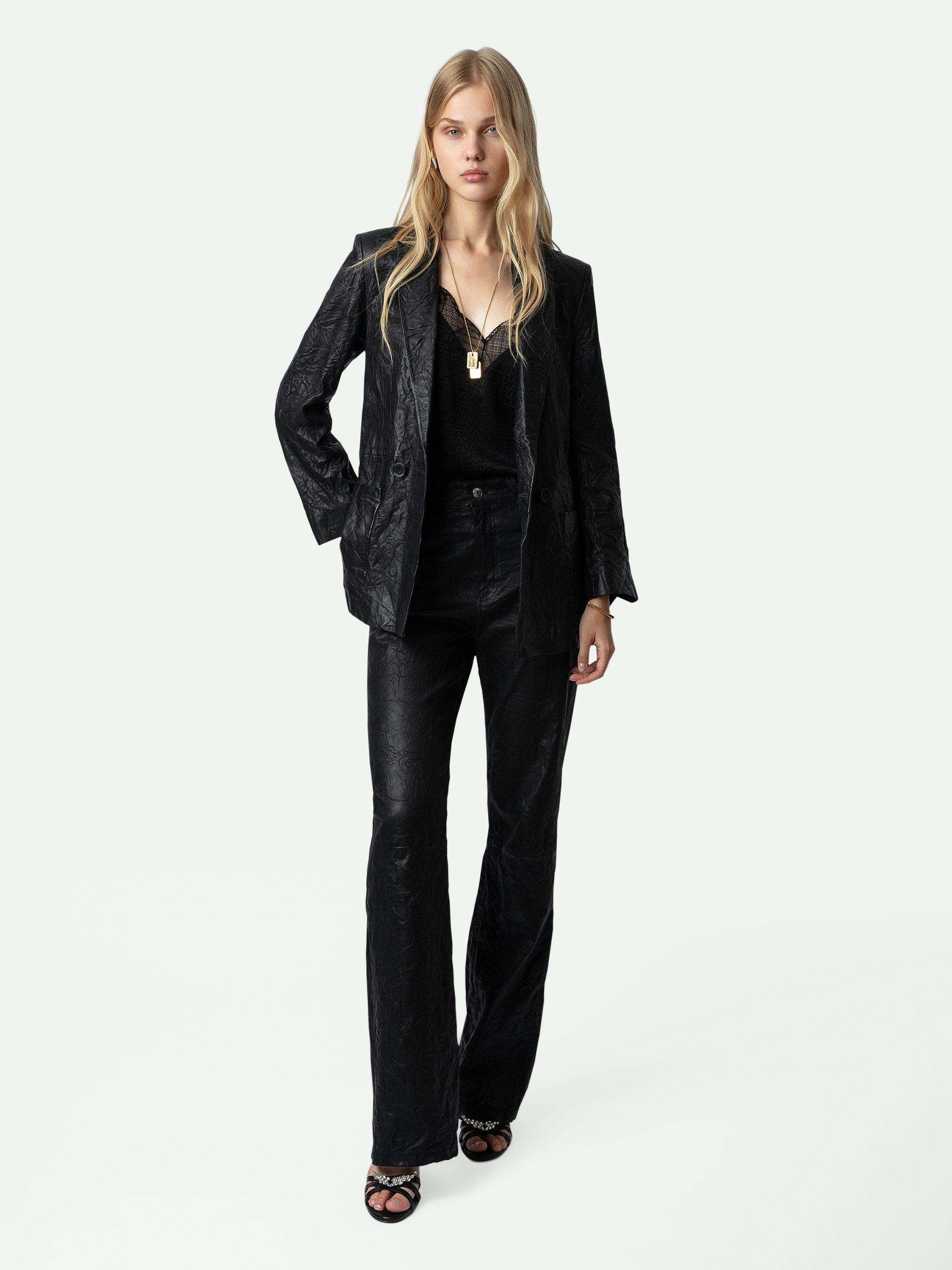 Visko Crinkled Leather Jacket - Double-breasted straight blazer in crinkled leather.