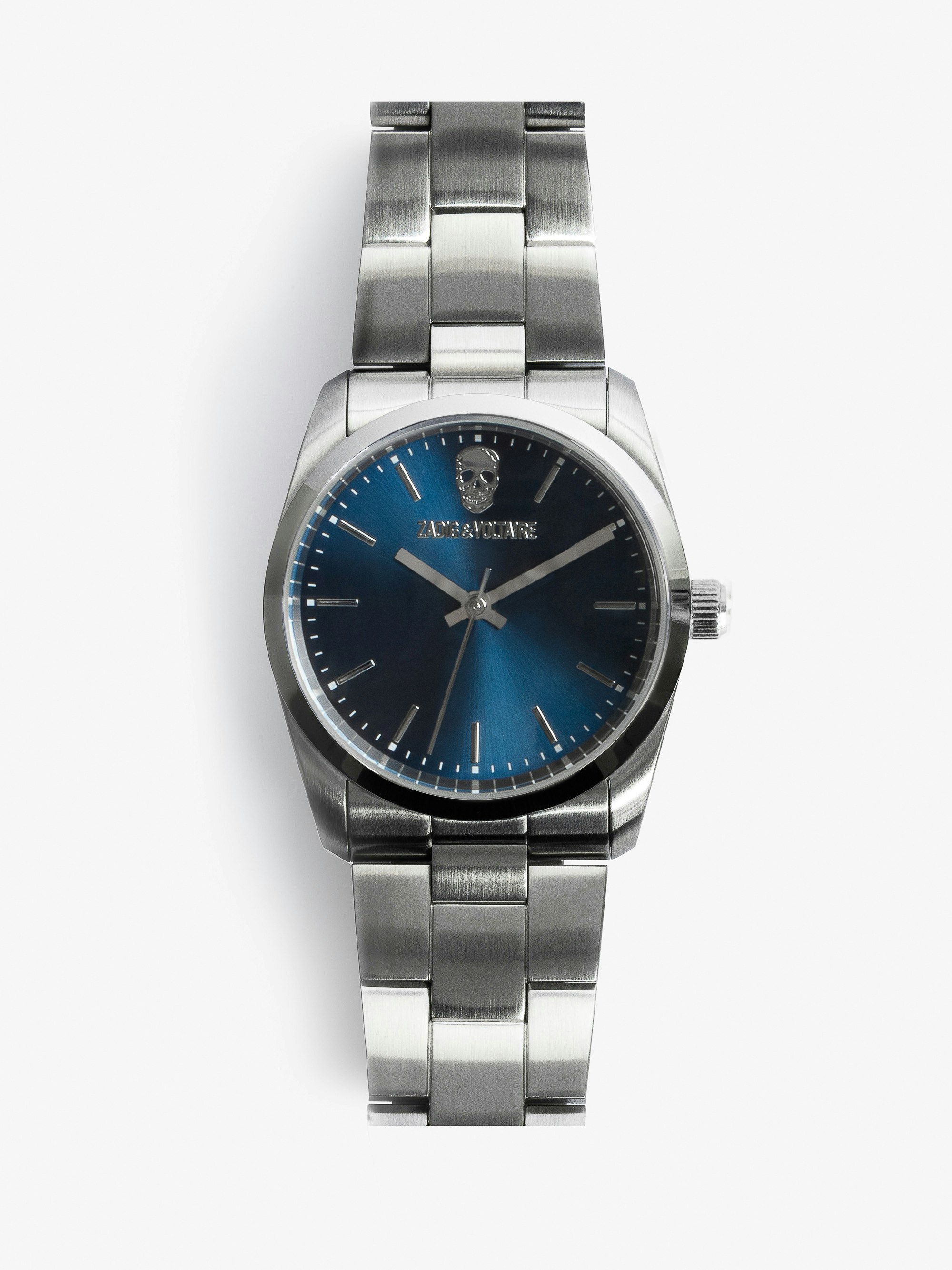 Zadig Blue Dial Watch - Stainless steel watch with navy blue skull pattern dial.