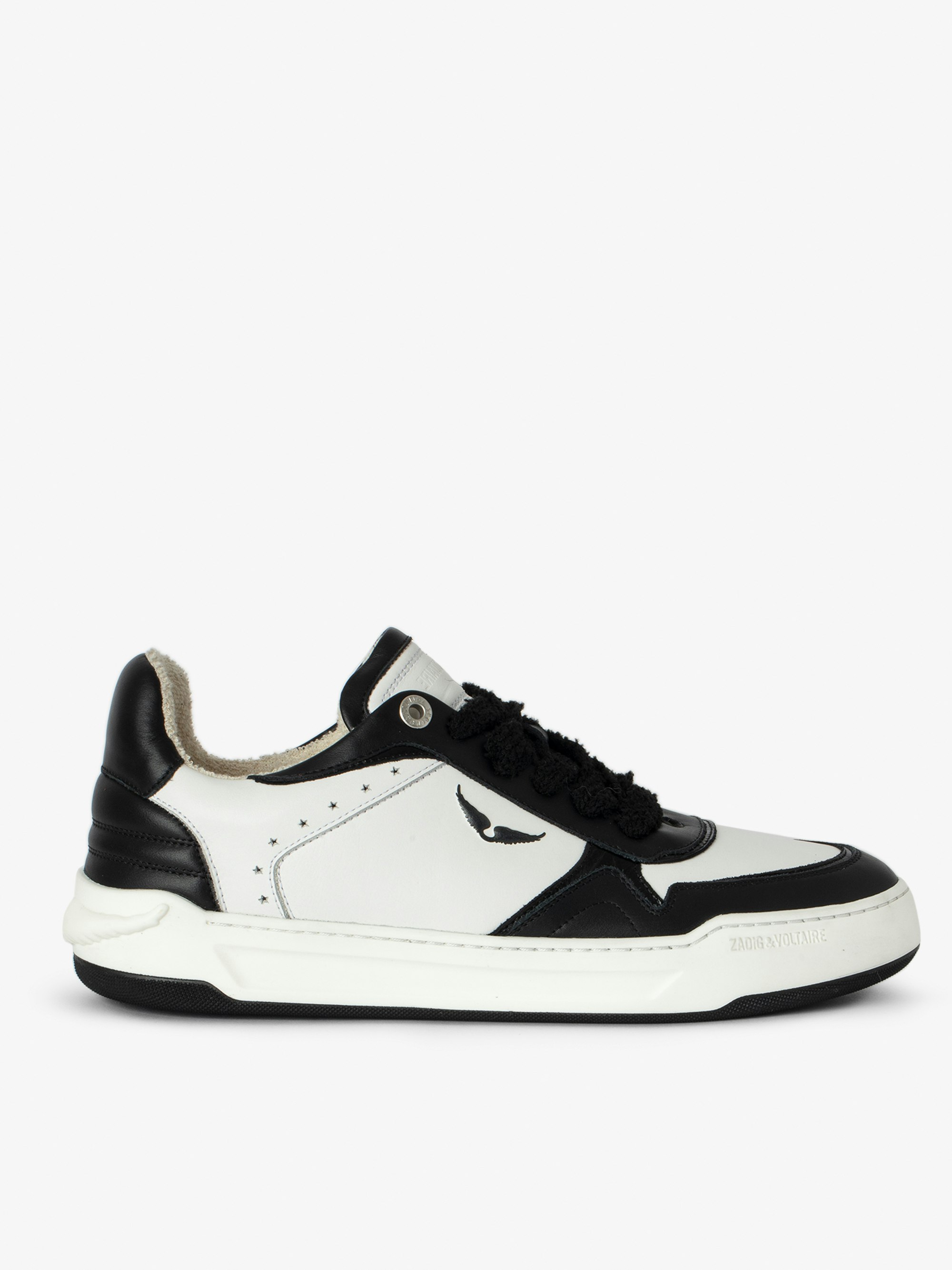 Men's Low-Top Wings Trainers - Low-top trainers in smooth white leather, with smooth black leather and vintage black leather inserts, wing signatures.  These trainers are made with materials that have a reduced environmental impact.