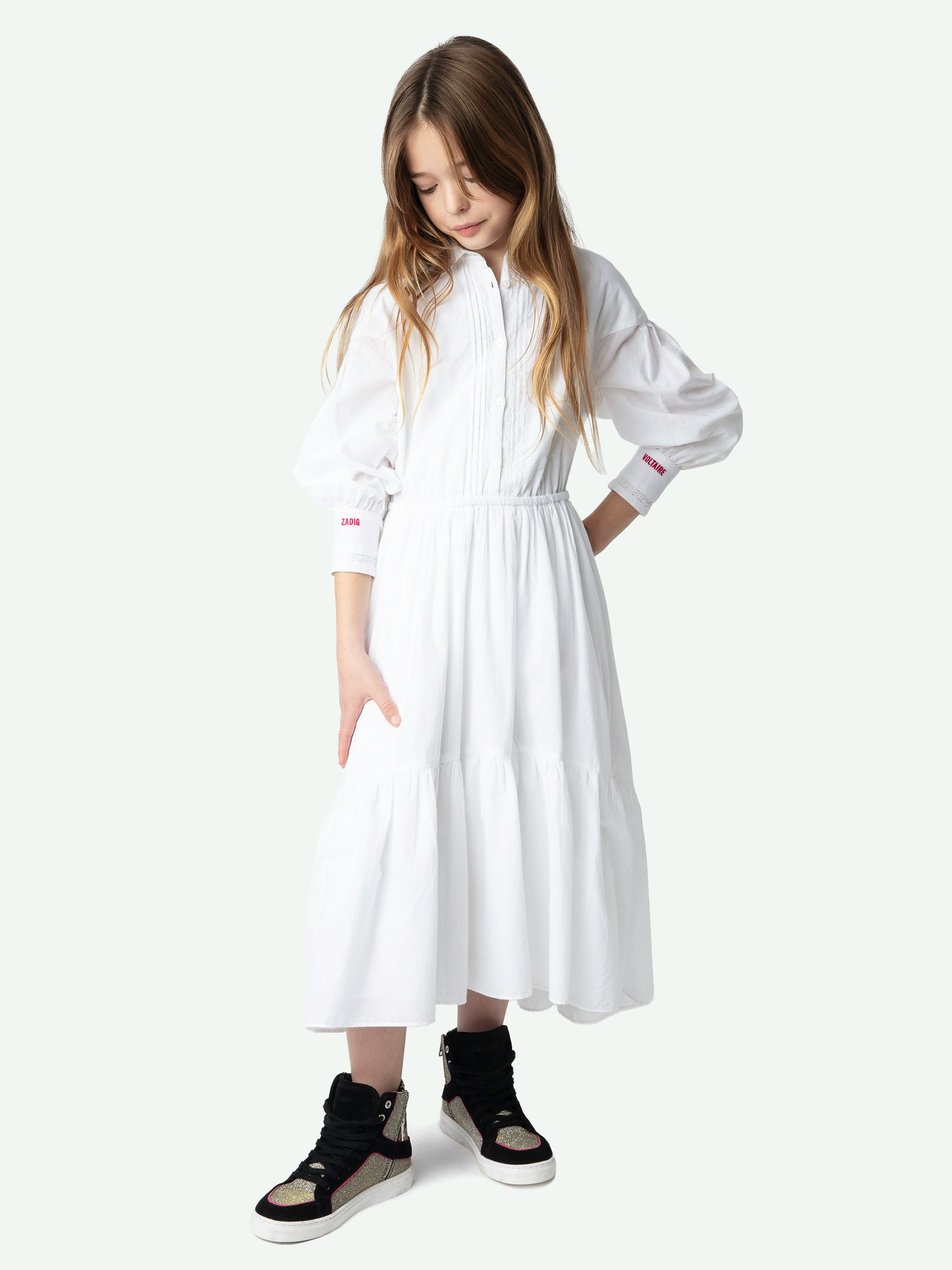 Rajae Girl's Dress - White cotton voile ceremonial dress with flared skirt, lace details and 'Zadig' embroidery on the cuff.