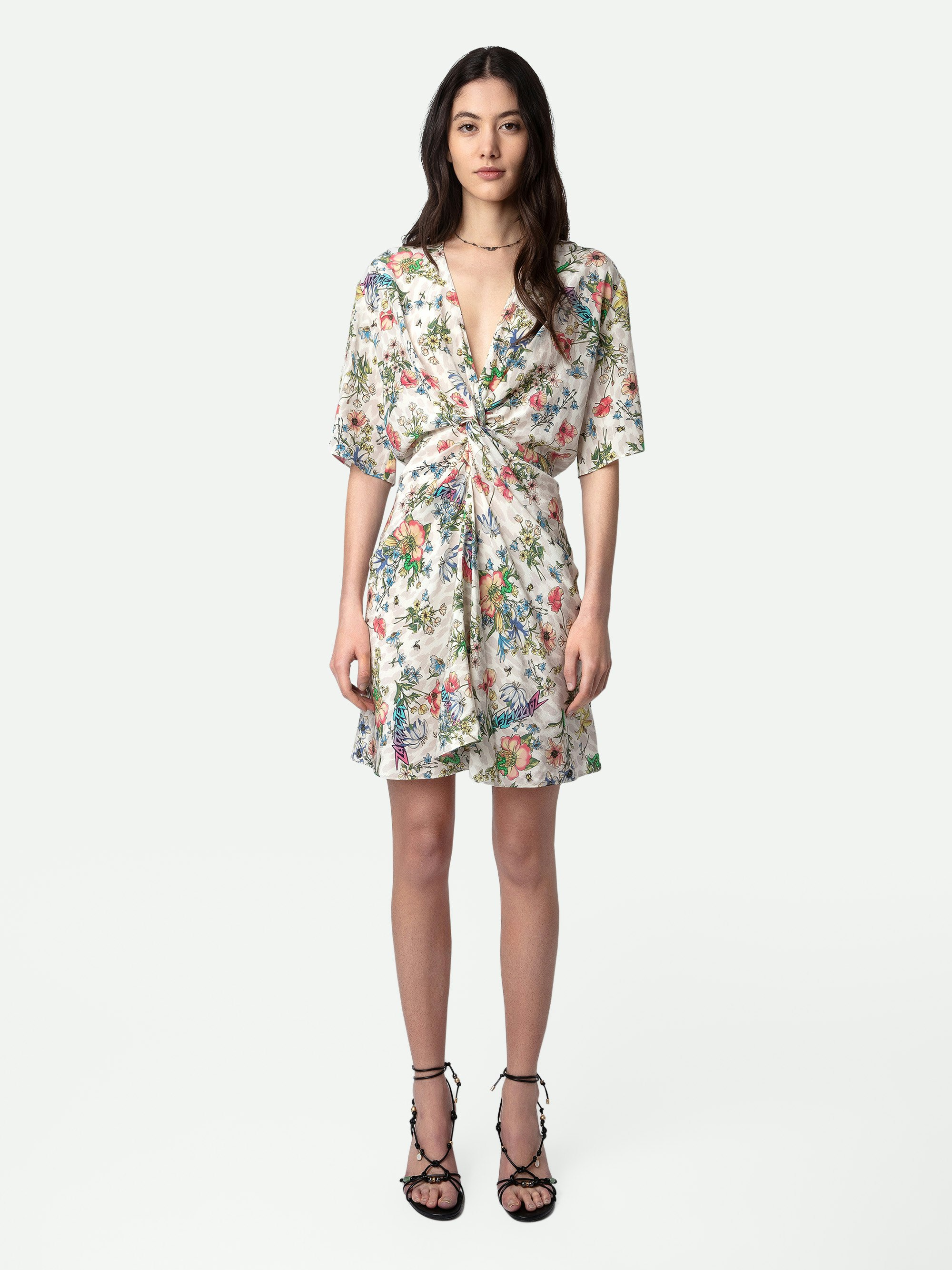 Rozom Dress 100% Silk - Ecru silk mini dress with Twisted Garden print, short sleeves and draped at the waist.