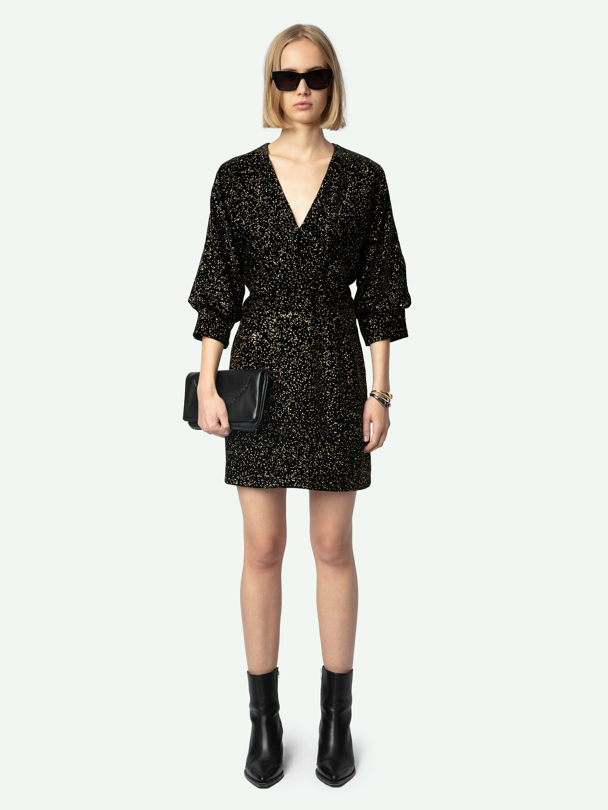 Rosli Velvet Dress - Black minidress with low-cut neckline, sequins and puff sleeves.
