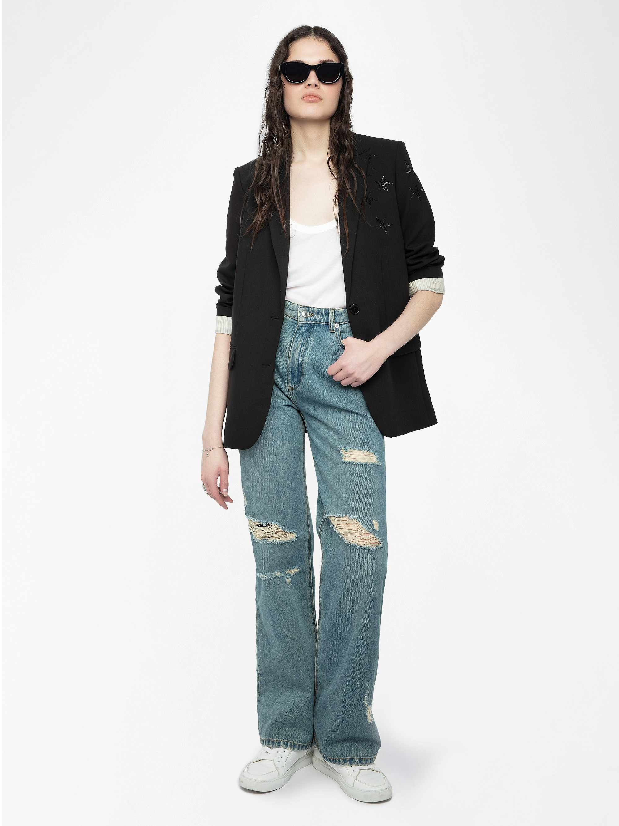 Elio Distressed Straight Leg Jeans - Effortless, timeless, undeniably cool. The Elio jeans channel vintage inspiration with a relaxed straight-leg fit and perfectly lived-in wash. A subtle embroidered heart adds a touch of romance to their rebellious spirit. Designed to move with you, they’re the perfect blend of comfort and rock ‘n’ roll attitude. Wear them your way—raw, rolled, or undone.