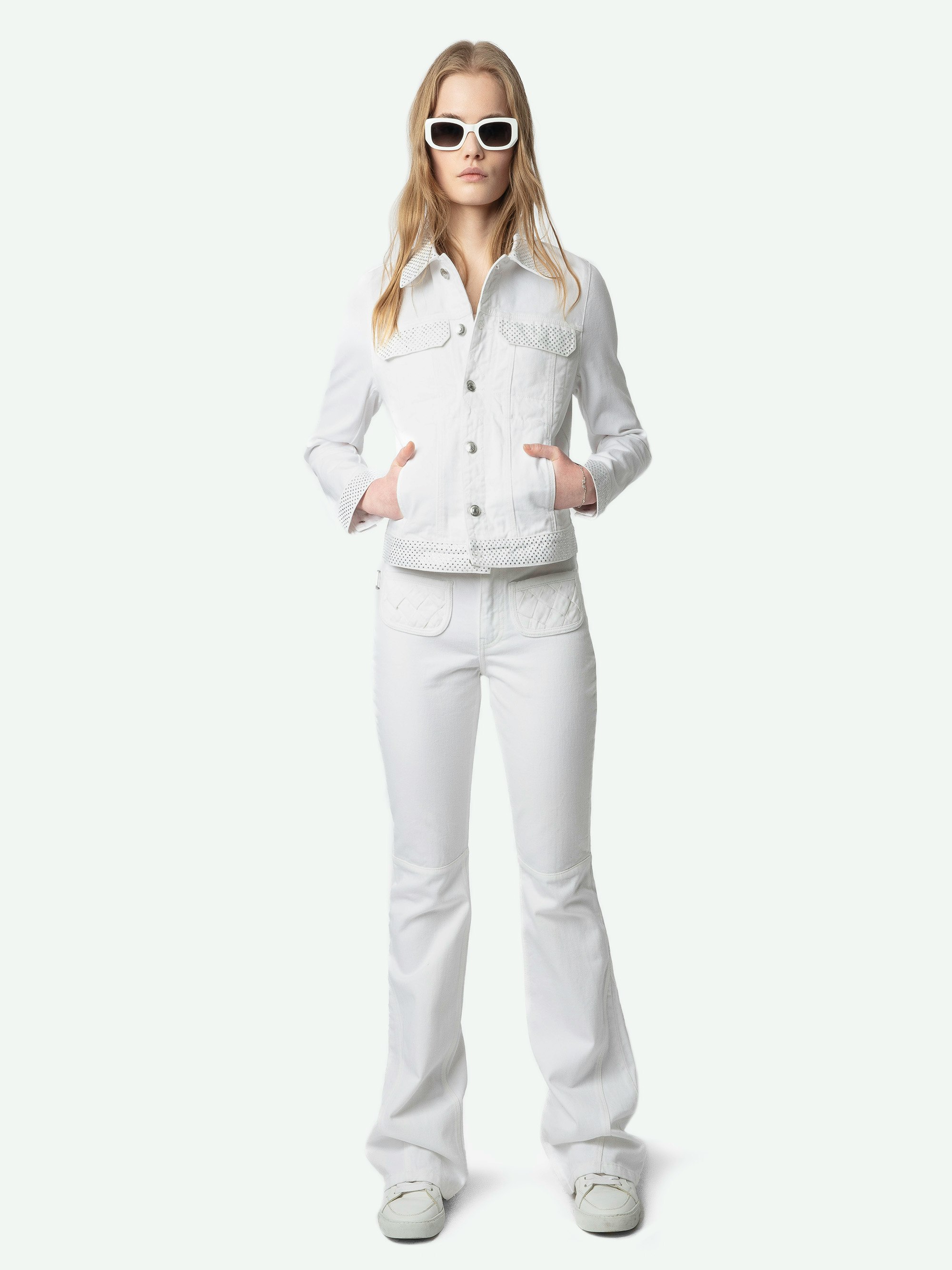 Kioky Denim Jacket - Fitted denim jacket with buttons, rhinestones and multiple pockets.