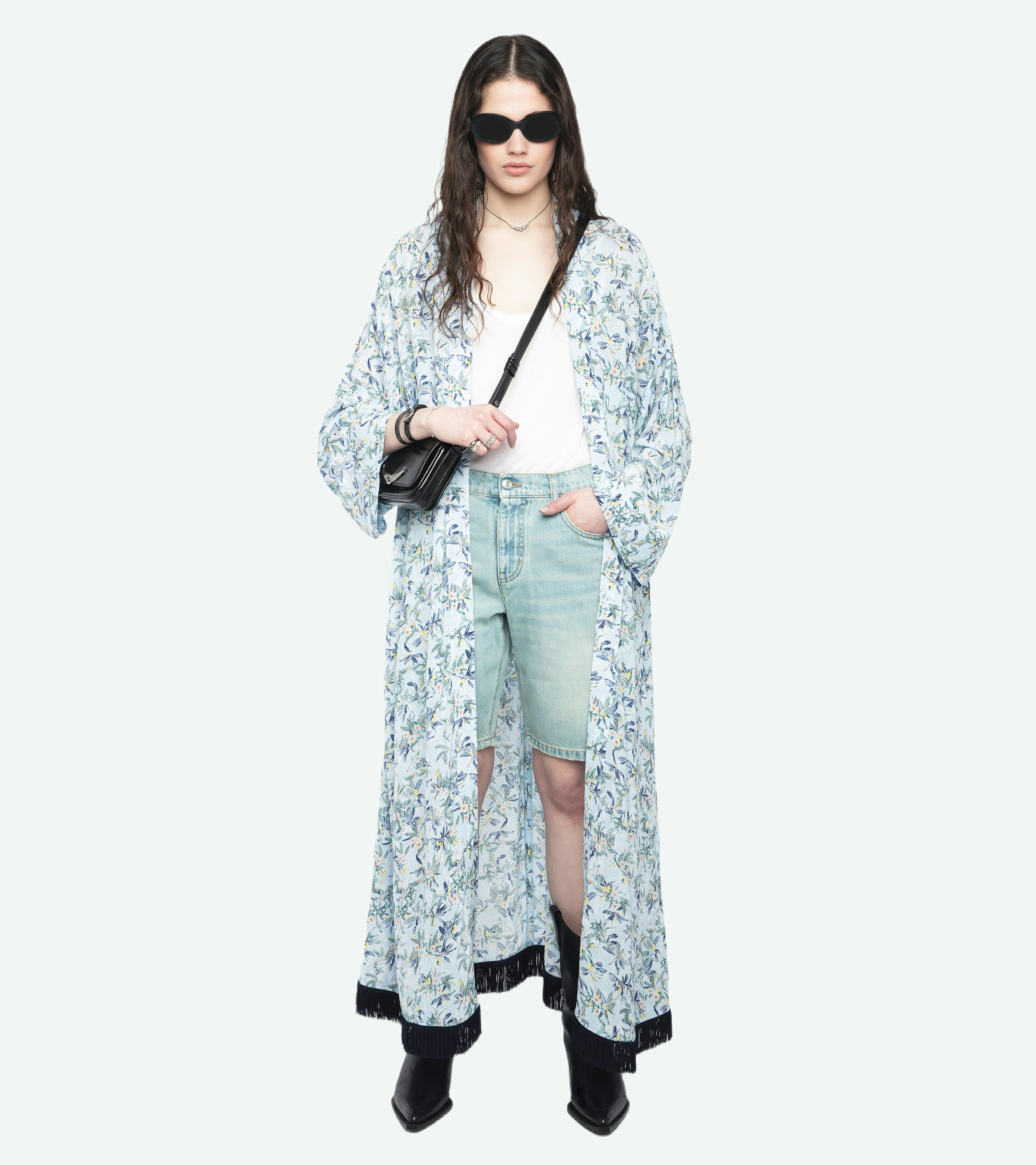 Kimono - Long printed viscose kimono with short sleeves and fringe finish.