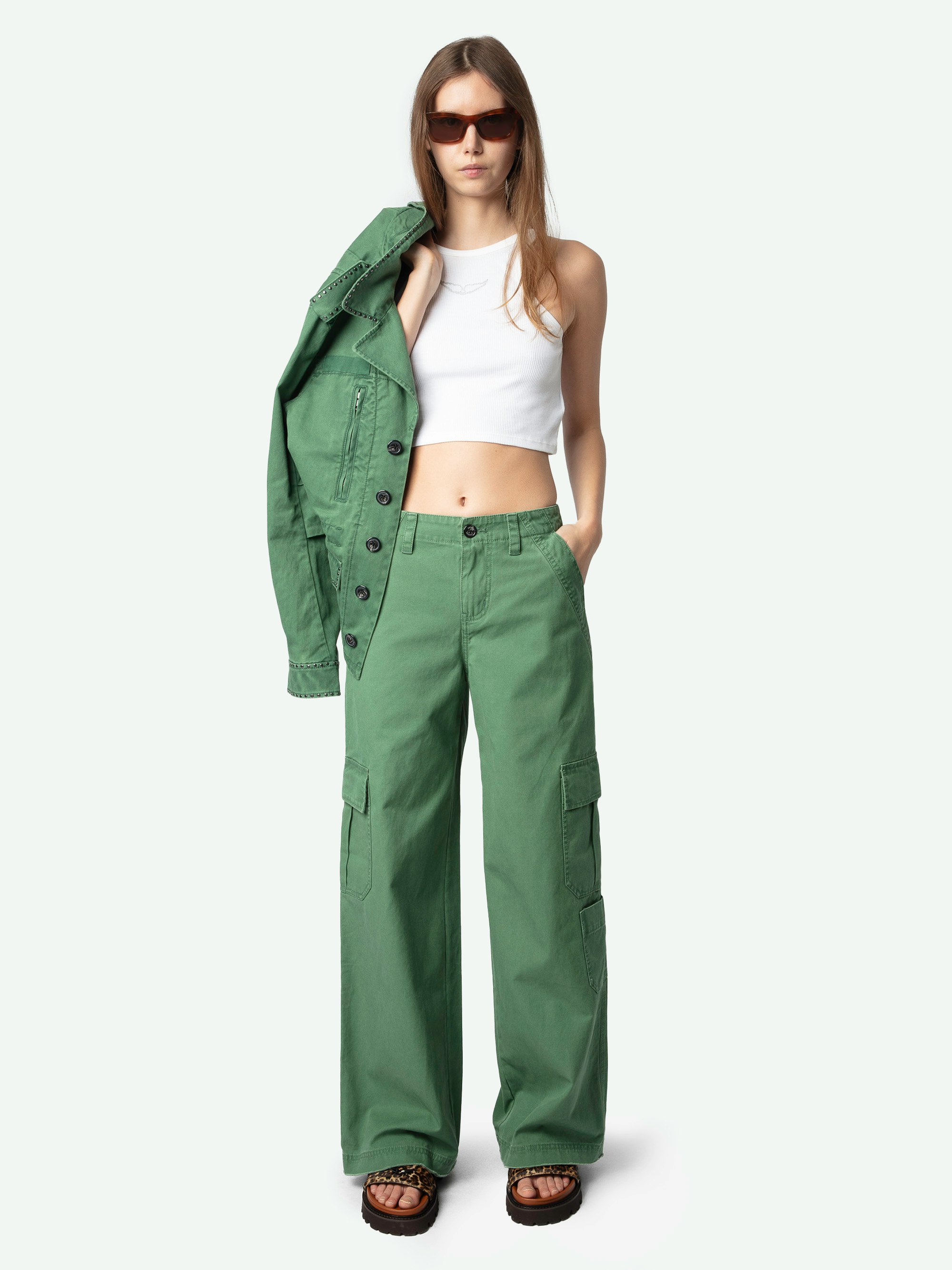 Parky Pants - A bold take on utilitarian fashion, these wide leg cargo pants are crafted from washed organic cotton for a soft, lived-in feel. Designed with functional appeal and street-ready edge, they feature multiple pockets, including a signature embroidered “Zadig” heart patch. The wide-leg silhouette adds relaxed structure, while raw edges and topstitching complete the military-inspired look. Perfect for elevating off-duty style with a rebellious twist.