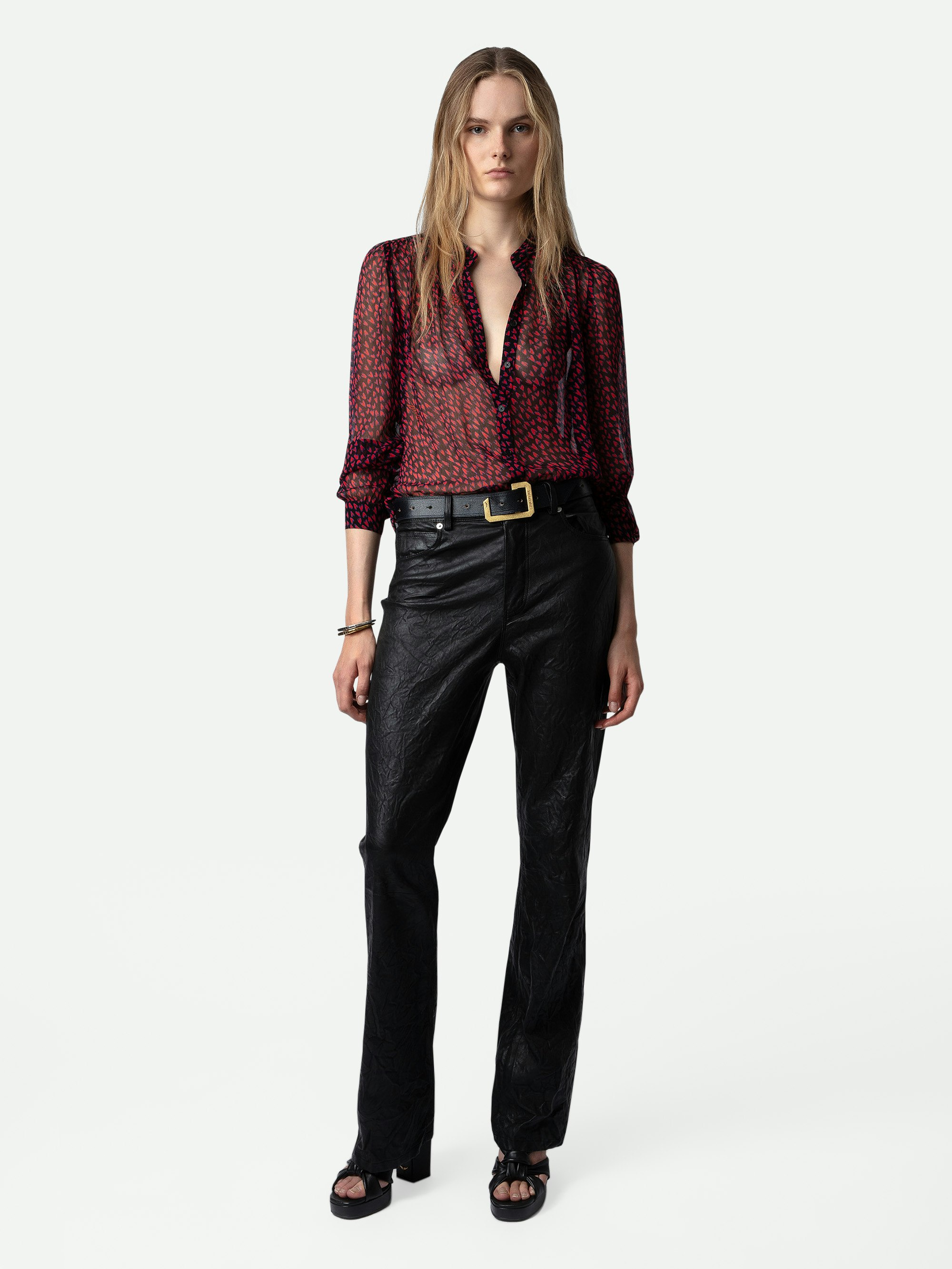 Tino Shirt - Black sheer shirt with button fastening, long sleeves and Crush print.