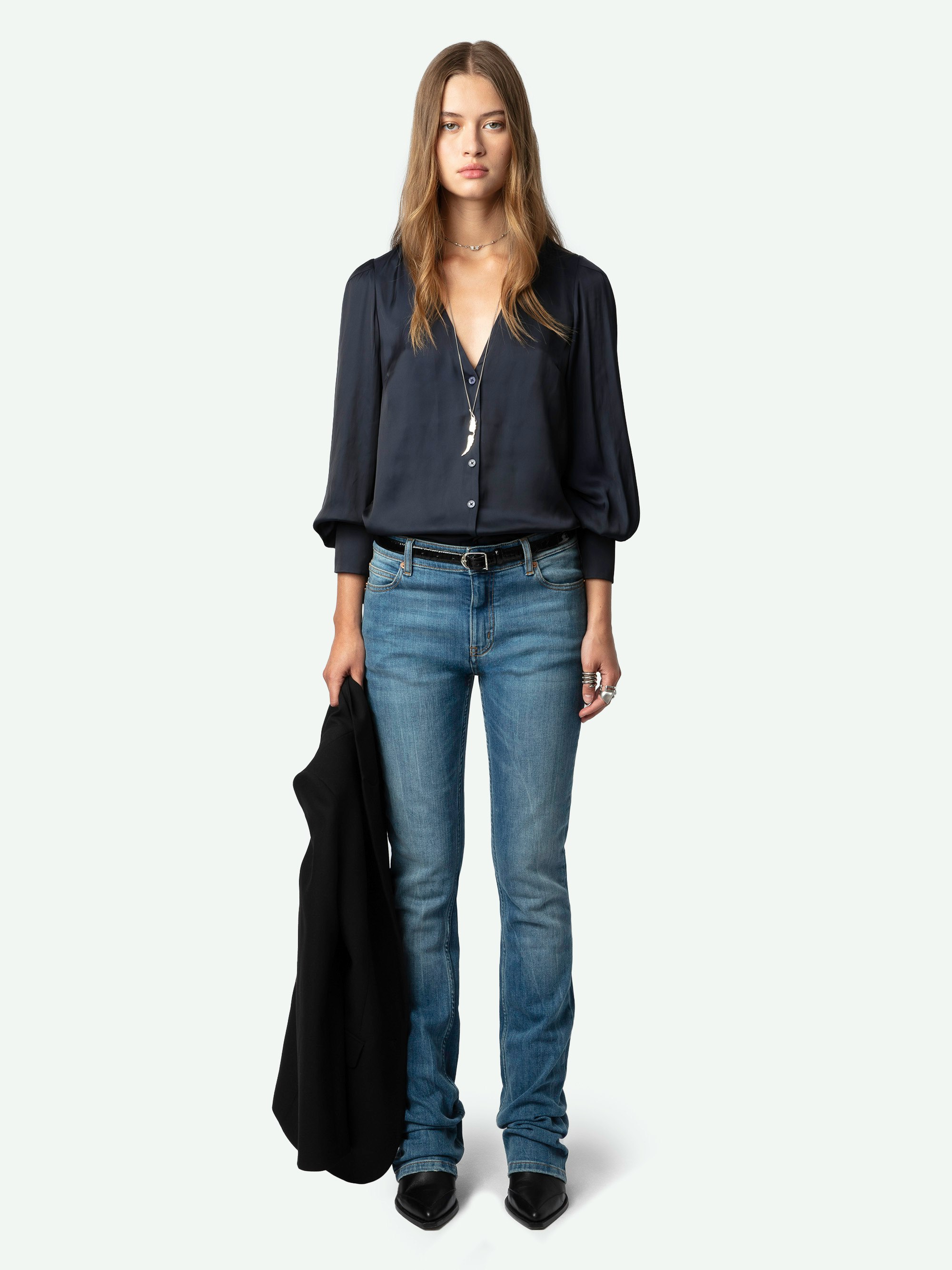 Tinous Satin Shirt - Long-sleeved navy blue V-neck satin shirt with cuffs with diamanté jewelled buttons.
