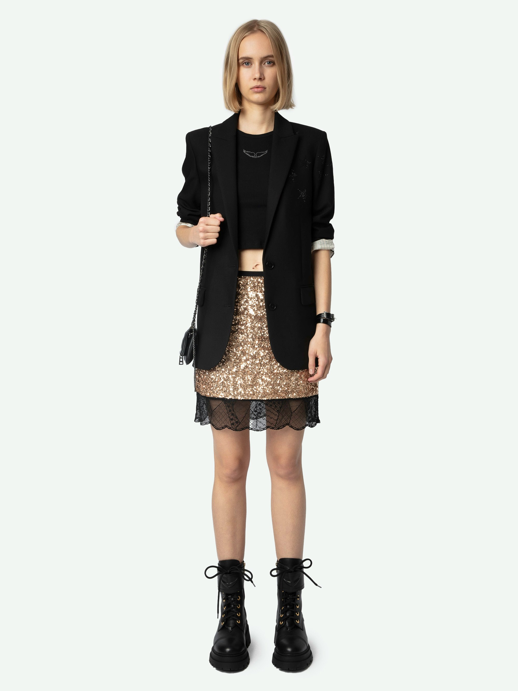 Justicias Skirt - Gold miniskirt with sequins and lace.